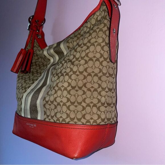 Coach 19918 Legacy Signature Stripe Duffle Bag Red - Picture 2 of 9